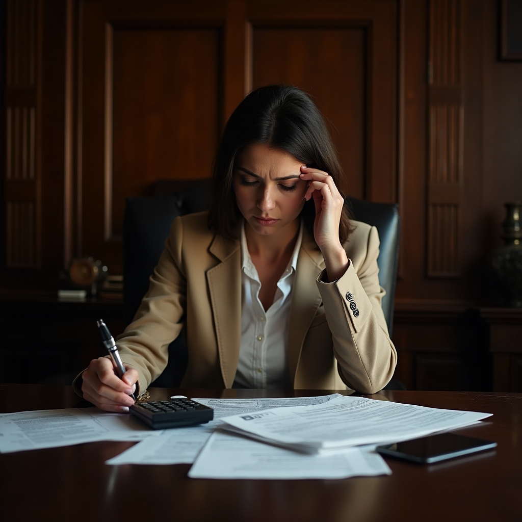 Persona observando papeles financieros y una calculadora sobre un escritorio de madera, pensativa ante una decisión económica