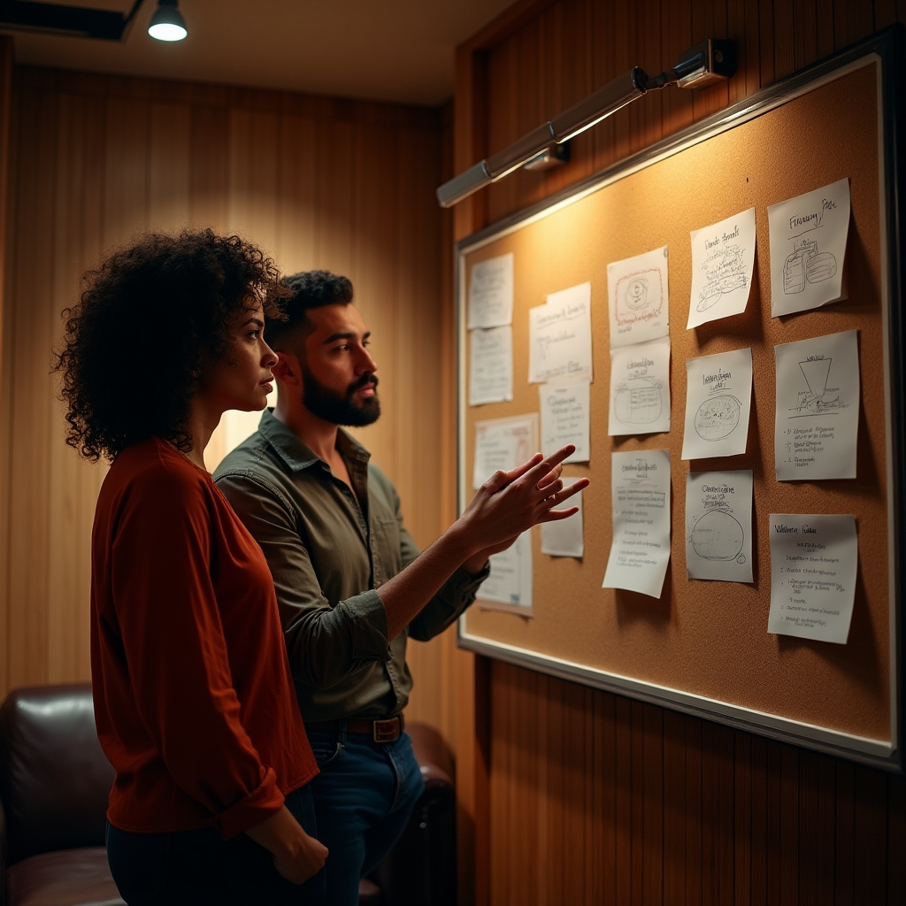 Equipo formativo trabajando sobre un tablero con esquemas de comportamiento financiero durante una reunión de contenidos
