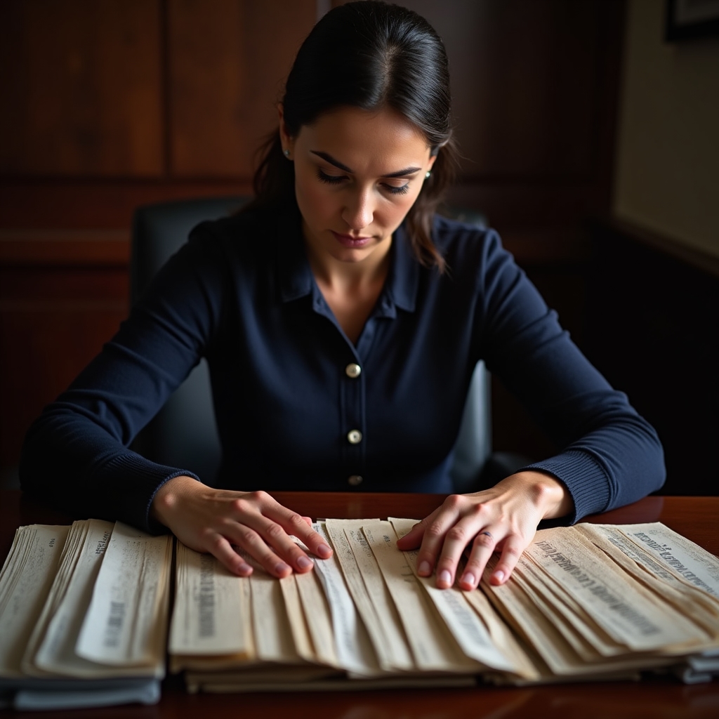 Mujer revisando de forma meticulosa varias libretas de ahorro y recibos ordenados sobre una mesa, gesto de control